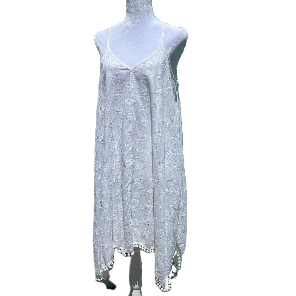 Goa Beachwear by Japna White Butterfly Embroidered Pom Pom Dress Medium Cotton